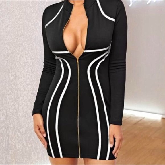 SHEIN Womens Bodycon Dress Zip Front Contrast Reflective Tape Black Size Medium - Picture 3 of 12